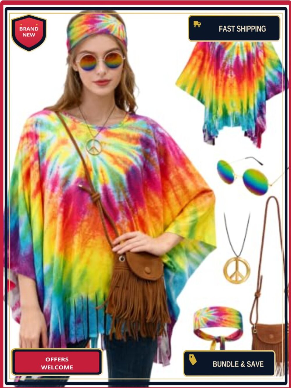 Hippie Costume Set Tie Dye Poncho Fringe Bag Sunglasses 70s Outfit